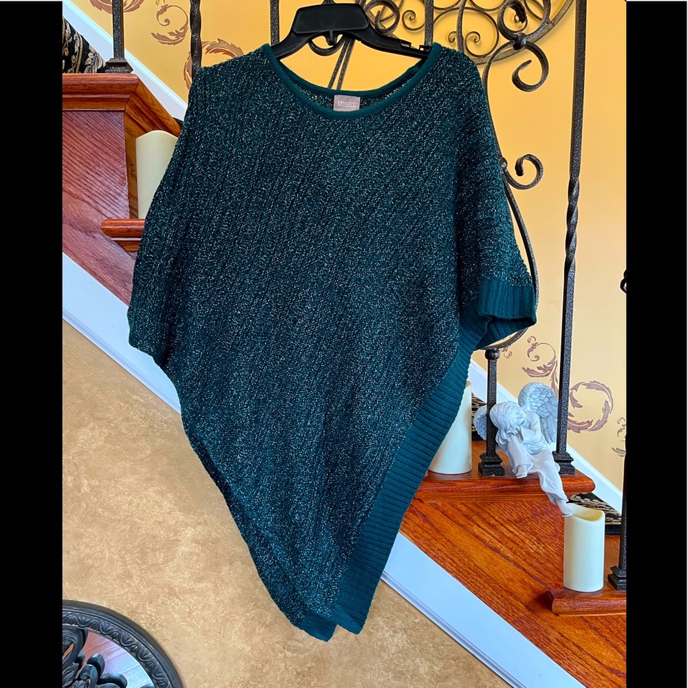 Chico’s Metallic Knit Triangle Poncho In Goddess Green
